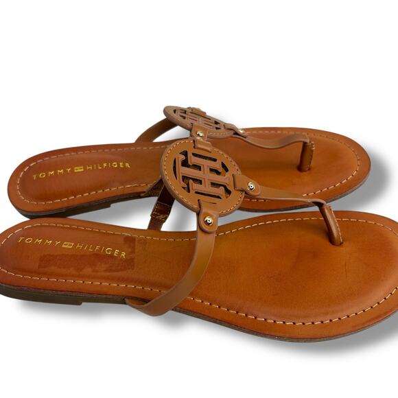 Tommy Hilfiger Logo Sandals Size 10 Brown Litzy T-Strap Flip Flop Flat Thong EUC - Picture 7 of 10